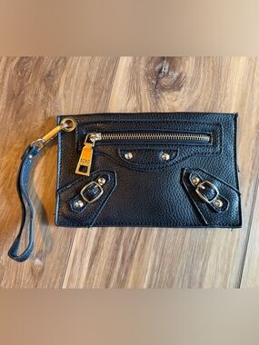 BCBG Black Pebbled Leather Wristlet with Gold Accents